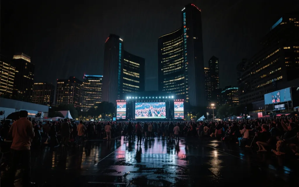多伦多夜景与球迷广场观赛的氛围，人群在大屏幕前欢呼
